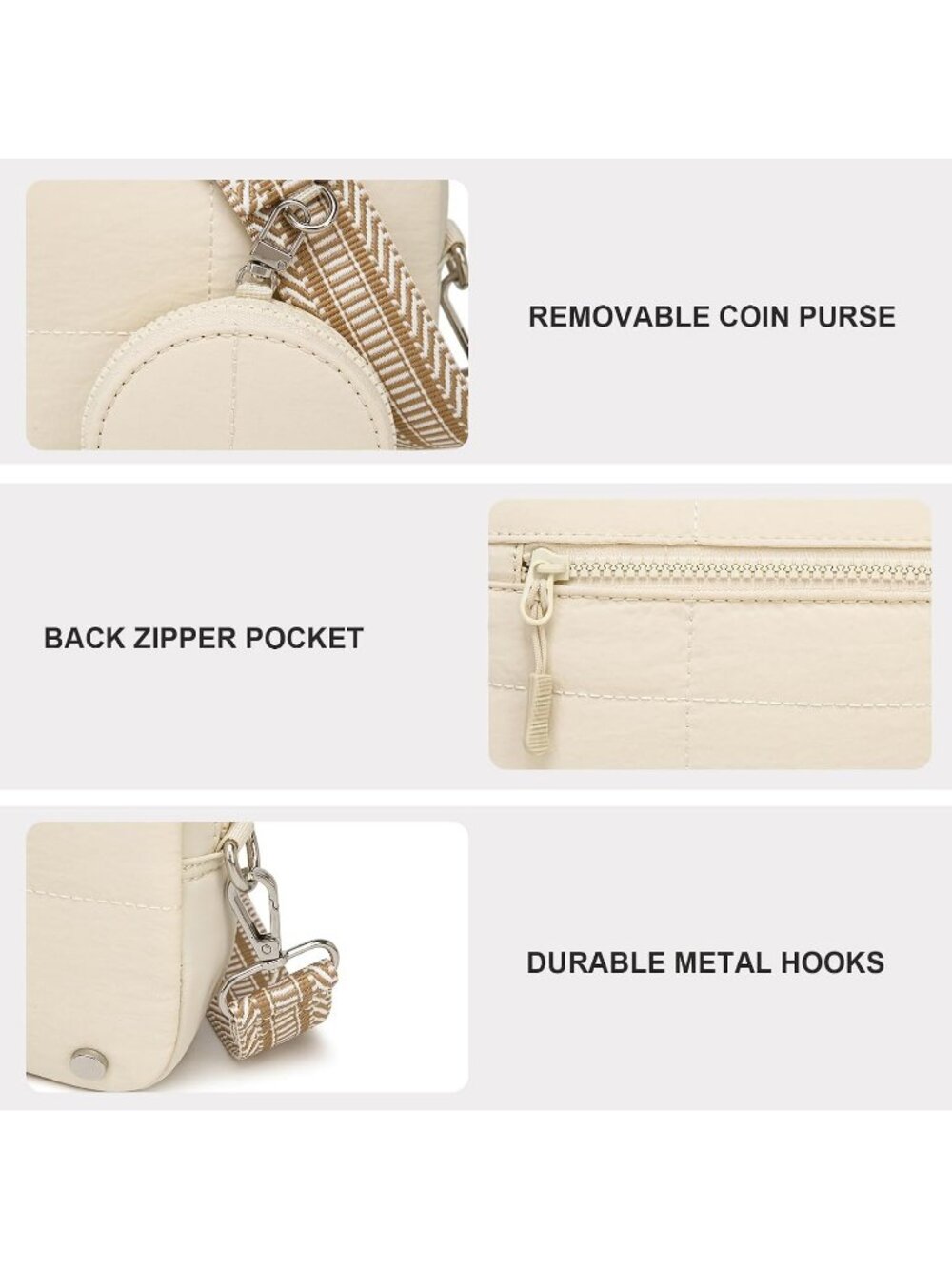 Women's Cream White Small Purse Quilted Designer Zipper Shoulder Crossbody Bags - Picture 6 of 6